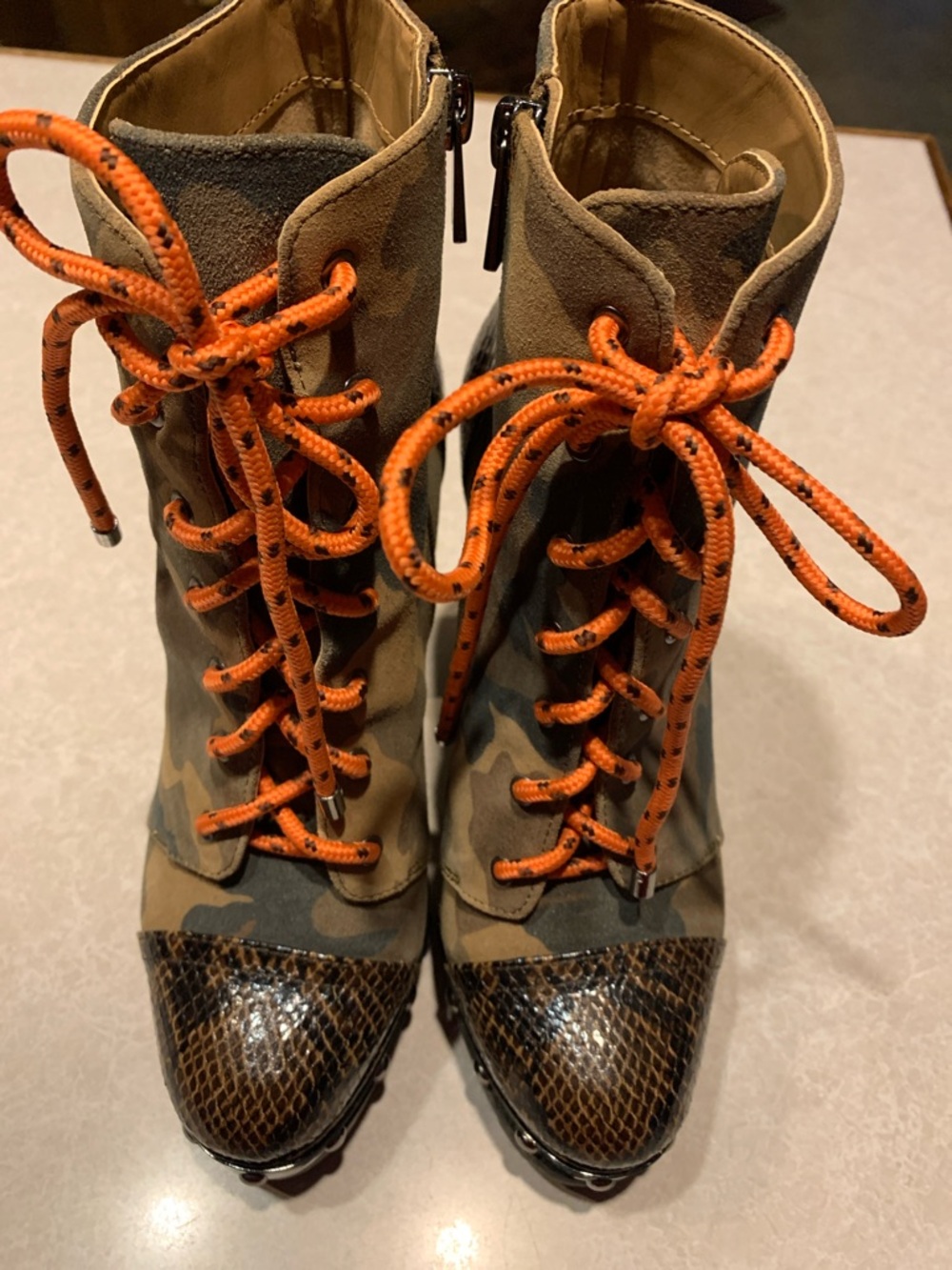 Jessica Simpson Camouflage Lace-Up Ankle Boots with Orange Laces    Size 7